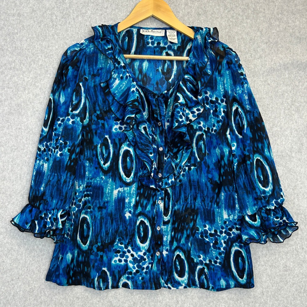 R.H.L. Essentials Blouse Blue Abstract Ruffle Button Front Artsy Statement Sz L